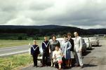 Family Portrait, group, cars, highway, 1950s