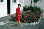 Woman, red dress, high heels, footwear, jacket, garden, PORV30P08_14