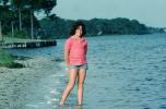 Girl Wading in the Lake, water, shorts, smiles, shoreline, PORV30P10_13