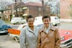 Two Sisters Smiling, cars, suburbian, 1950s, PORV31P03_13