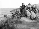 The Pilgrim Fathers watching the Receding of the Mayflower, Plymouth Rock, Pilgrims arrive in Plymouth New England, praying, thankful, giving thanks, PRAV01P02_06