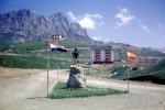 France and Andorra Border, buildings, mountains, statue, July 1971, 1970s, PRAV01P08_06