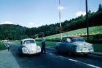 Volkswagen Car, street, border crossing gate, mountains, alps, German Swiss border, 1963, 1960s, PRAV01P08_12