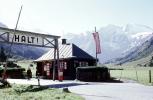 Halt, building, hut, border crossing gate, mountains, alps, Austria, September 1970