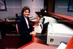 Receptionist, Business Woman, IBM Computer, laser printer, smiles, desk, typewriter