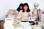Business Woman, paperwork, funny, smiles, Secretary, paper, Records, Files, Women, bureaucracy, archive, clutter, documents, worker, stacks, piles, desk, PWWV04P08_04