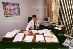 Man, Male, Paperwork, computer, phone, conversing, landline, desk, office, 1990's, businessman, PWWV05P07_04