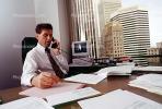 Man, Male, Paperwork, computer, phone, conversing, landline, desk, office, 1990's, businessman, PWWV05P07_06