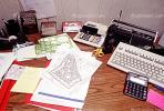 calculator, keyboard, radio, clutter, radio, cordless phone, desk, paperwork, PWWV06P14_09