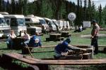 roadside stop, Picnic Table, campfire, benches, forest, glamping, Motorhome, Muncho Lake, June 1993