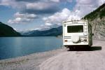 FLAIR Motorhome, water, lake, roadside stop, Muncho Lake British Columbia, July 1993