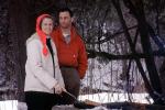 Steak BBQ, Husband and Wife, Couple, Cold, Forest, January 1964, 1960s