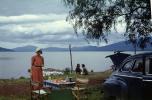 Fancy Picnic Time, Car, Automobile, Woman, Lady, table setting, Lake Patzcuaro, Mexico, 1940s, RVCV02P08_15