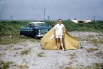 Man, Tent, Campsite, Trailer, Ford car, 1950s