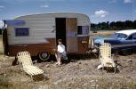 Vintage Shasta Trailer, Campsite, 1957 Plymouth Belvedere, car, fins, lounge chairs, 1950s, RVCV02P09_14