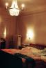 Bed, Room, Steam Room Heater, chandelier, Sheets, lights, nighttime, Bellevue Palace Hotel, Bern Switzerland, 1960s, RVHV05P11_17