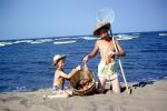 crab fishing, sand, beach, water, ocean, net, boys, hats, boats, Woodland Beach, 1950s, RVLV06P15_04