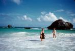 Women, Ocean, Waves, swimsuits, bikini, Rock Islands, Horseshoe Beach, Hamilton, Bermuda, 1950s, RVLV07P01_14