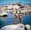 Rocks, Women, Girls, Water, Swimsuit, Bikini, Stones, Boulders, Lake, 1960s