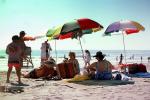 umbrella, parasol, beach, sand, water, party, sun, sunny, towels, footprints, 1960s, RVLV08P10_09