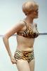 Bare Midriff, Bikini, Tiger-skin suit, Redhead, Oak-Street Beach, Lake-Michigan, Chicago, Woman, 1970s, RVLV09P10_19B