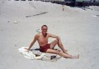 Skinny Man with Sunburn, Trunks, Beach, 1950s, RVLV10P14_14