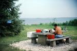 Shirtless Man, Coolers, Table, Lake, RVPV01P04_08