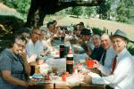 Group eating at a picnic table, thermos bottles, Men, Women, crowd, 1950s