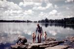Grandpa Fishing with boys, fish, lake, bucolic, Michigan, 1958, 1950s