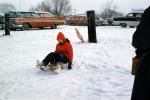 Girl Sledding, Snow, Ice, Winter, Parked Cars, 1950s, SKFV01P07_02