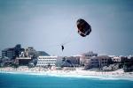 Parasailing, Parachute Canopy, Beach, Hotels, buildings, Ocean, Cancun Mexico, SPSV01P06_11