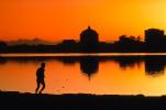 sunset, water, runner, man, male, reflection, buildings, Lake Merritt