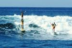 Stunt Surfing, Tandem trick surfing, surfers, wave, 1960s, SURV01P06_02B