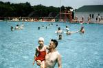 Girls and Father in a Pool, Water, swimsuit, bathing cap, 1950s