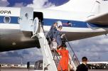 Stewardess, Disembarking Passengers, Flight Attendants, ramp stairs, Douglas DC-8, 1960s, TAAV14P14_04