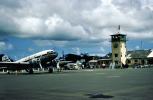 VP-TBF, Control Tower, Douglas DC-3, British West Indies Airlines, clouds, Antigua, 1950s, TAFV06P10_01