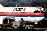 United Airlines UAL, Boeing 737, belt loader, tractor, baggage cart, (BUR), TAFV11P07_12