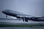 N106UA, United Airlines UAL, Boeing 747-451, (SFO), rain, inclement weather, wet