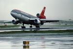 N154US, Douglas DC-10-40, (SFO), Taking-off, Northwest Airlines NWA, JT9D-20, JT9D, rain, inclement weather, wet, TAFV14P04_03B