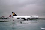 D-ABVL, Boeing 747-430, Lufthansa, 747-400 series, (SFO), Munchen, rain, inclement weather, wet, CF6, CF6-80C2B1F