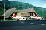 F-OCQH, Air Tahiti, Terminal, Moorea Temae, building, thatched roof, grass, Sod