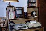Apple IIC Computer, Printer, Monitor, floppy drive, tape back up, books, desk, desktop computer, 1970s, TECV01P09_01