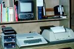 Apple IIC Computer, Printer, Monitor, floppy drive, tape back up, books, desk, desktop computer, 1970s, TECV01P09_01B