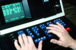 Keyboard, Monitor, Hand on Keyboard, Control Data Lottery ticket computer, old CRT, TECV02P04_01