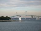 Newport Harbor Lighthouse (Goat Island), Claiborne Pell Bridge, Rhode Island, Atlantic Ocean, East Coast, Eastern Seaboard, Harbor, Narragansett Bay