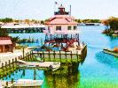 Drum Point Lighthouse, 1883-1962, Solomons, Patuxent River, Maryland, Atlantic Ocean, Eastern Seaboard, East Coast, Calvert Marine Museum, docks, harbor, boats, Screw-Pile-Lighthouse
