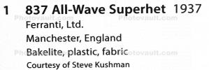 Ferranti 837 All-Wave Superheterodyne radio, 1937, Superhet