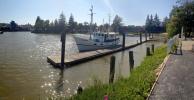 boat, dock, harbor, Petaluma Turning Basin, buildings, downtown, shore, shoreline