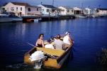 Outboard Motor Boat, shore, houses, homes, 1950s