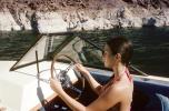 Woman, Steering, Pilot, Windshieild, Water, Powerboat, Lake Mead, Arizona, 1973, 1970s